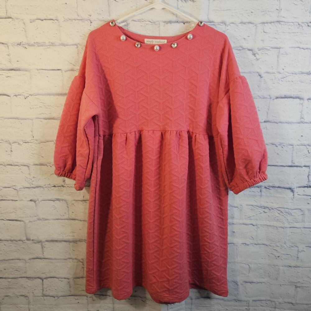 Simply Southern Quilted Dress Pearl Embellished Neck Sz. S Puffed Sleeves